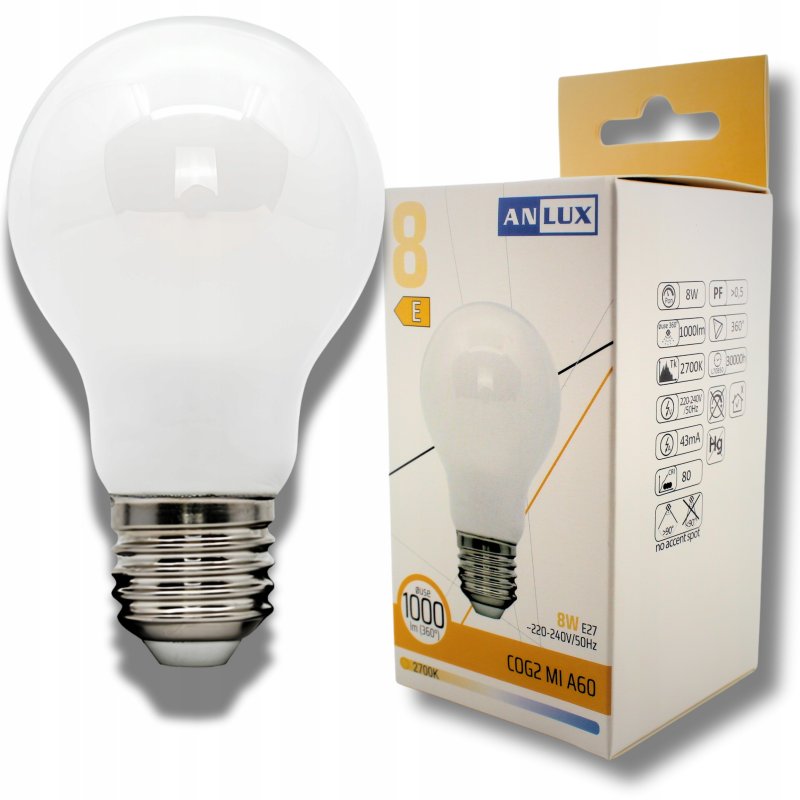 Żarówka E27 A60 LED 8W Filament biała ciepła OZDOBNA szklana mleczna
