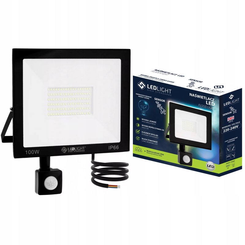 HALOGEN LED 100W NAŚWIETLACZ z czujnikiem ruchu PIR SLIM IP66 ROBOCZY zimny