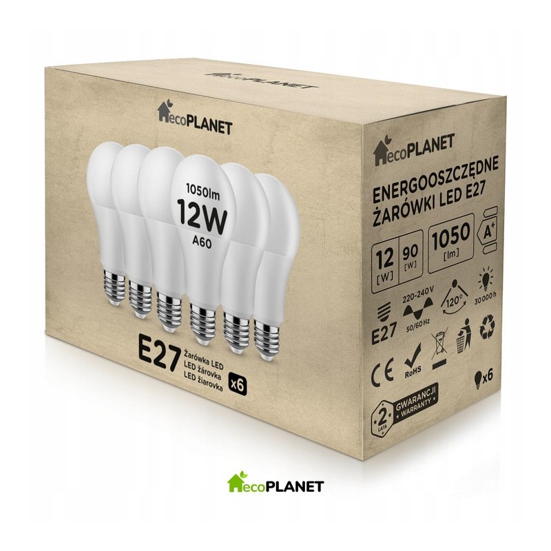 6x Żarówka LED E27 A60 12W 1050lm BARWY ecoPLANET