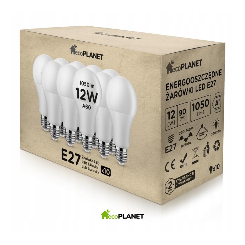 10x Żarówka LED E27 A60 12W 1050lm BARWY ecoPLANET