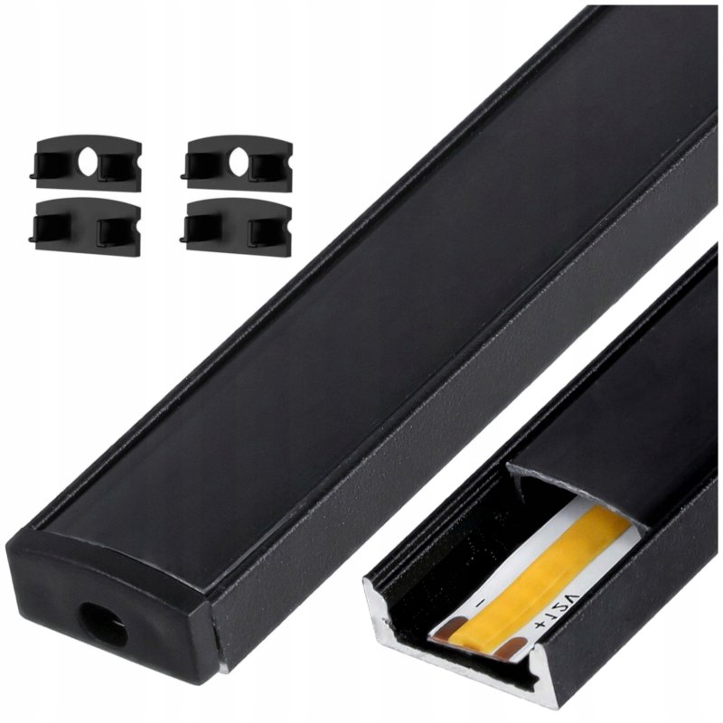 PROFIL aluminiowy NAWIERZCHNIOWY czarny + KLOSZ CIEMNY zaślepki 1m do led
