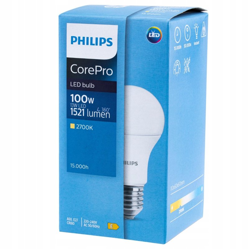Żarówka LED E27 Philips CorePro mocna 13W 100W 2700K biała Ciepła
