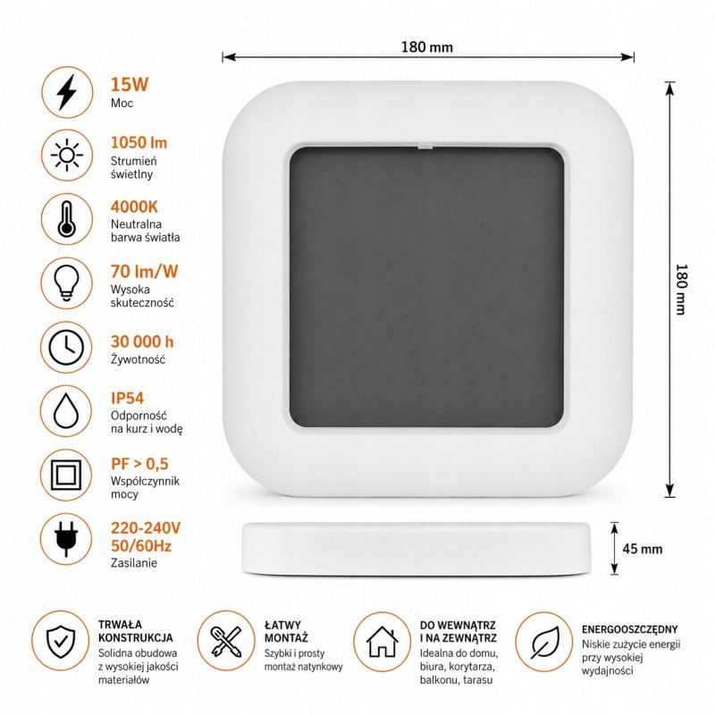 Plafon LED lampa sufitowa ścienna 15W NW IP65 zewnętrzna kwadrat