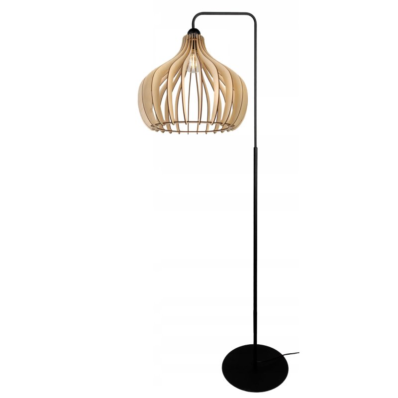 Lampa stojąca podłogowa loft na led E27 stała gięta z kloszem drewno 150cm