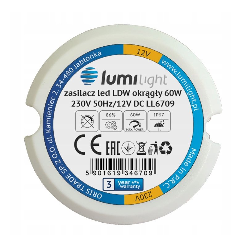 Zasilacz montażowy PREMIUM fi60 do puszki 12V 5A 60W LED IP67 dopuszkowy