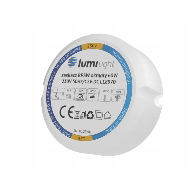 Zasilacz montażowy PREMIUM fi60 do puszki 12V 5A 60W LED IP67 dopuszkowy