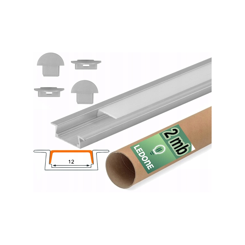 Profil aluminiowy wpuszczany płaski slim srebrny + klosz do taśm LED 2m