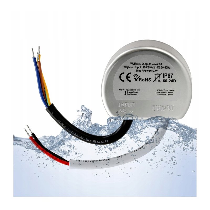 ZASILACZ montażowy do puszki fi60 24V 2,5A 60W do LED wodoodporny IP67