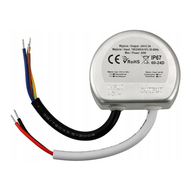 ZASILACZ montażowy do puszki fi60 24V 2,5A 60W do LED wodoodporny IP67