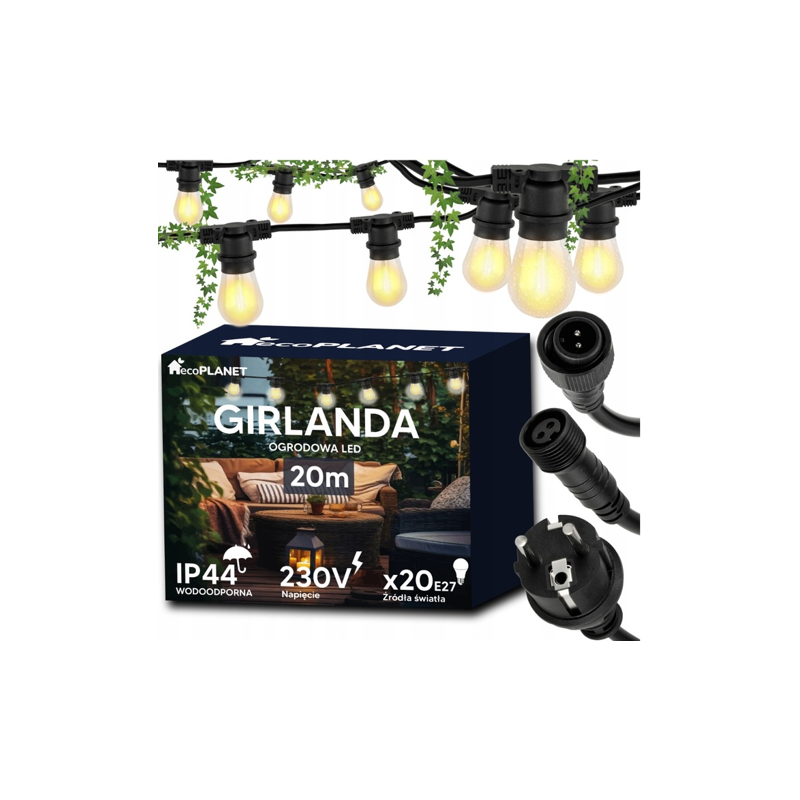 GIRLANDA ogrodowa łańcuch 20m E27 + żarówki ww /nw