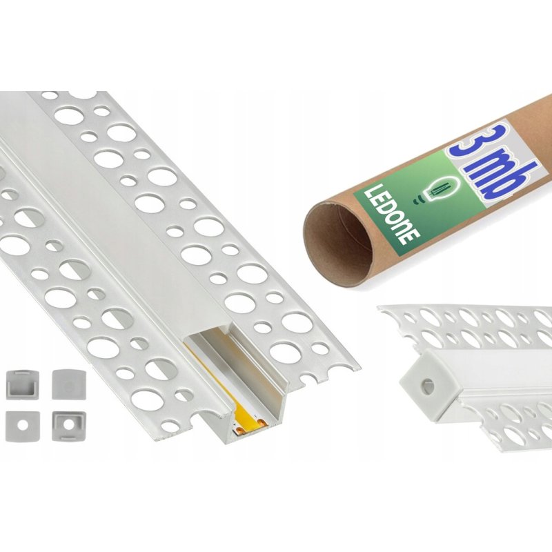 Zestaw PROFIL LED ALUMINIOWY do PŁYT karton-gips GK GIPSOWYCH + klosz 3m