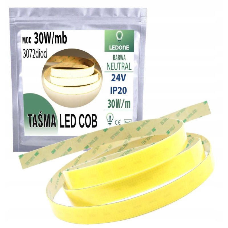 TAŚMA LED COB 24V super mocna 30W/m 3770lm/m NEON linia SZEROKA neutral 5m