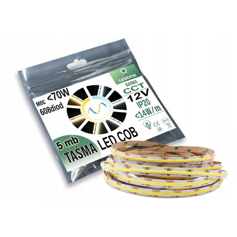 Taśma LED COB 12V 608 diod 14W/mb na 5mb linia MULTIWHITE CCT rolka 5m