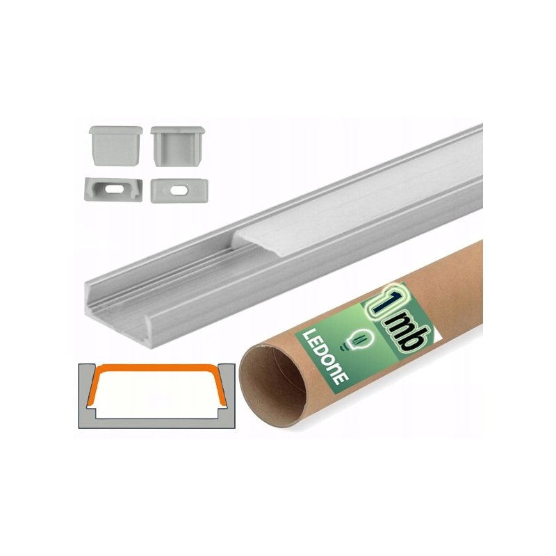 PROFIL aluminiowy NAWIERZCHNIOWY srebrny + KLOSZ mleczny zaślepki 1m do led