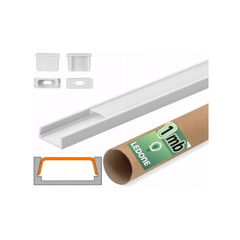 PROFIL aluminiowy NAWIERZCHNIOWY biały + KLOSZ mleczny zaślepki 1m do led