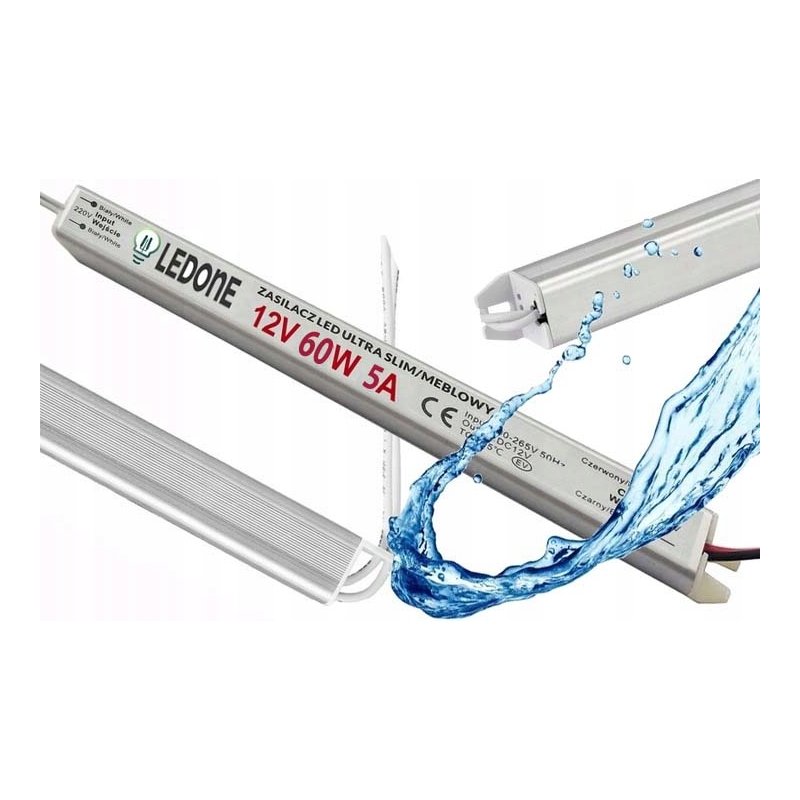 Zasilacz 12V 60W 5A wodoodporny do taśm LED IP67 hermetyczny metal slim
