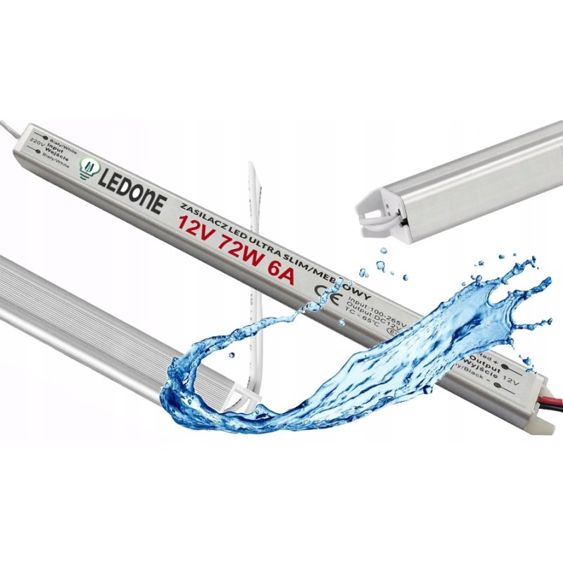 Zasilacz 12V 72W 6A wodoodporny do taśm LED IP67 hermetyczny metal slim