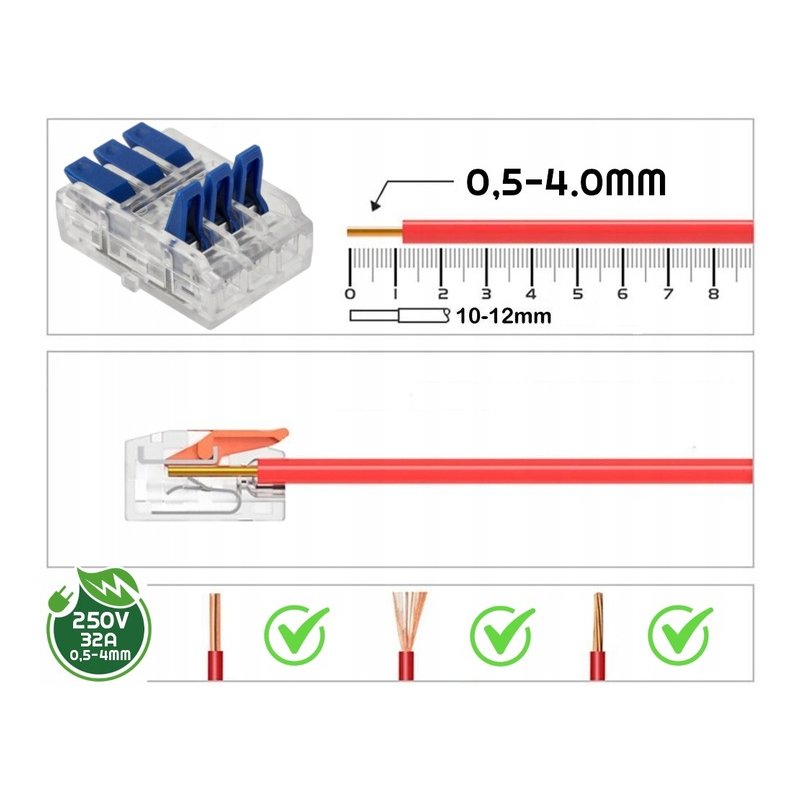 10x Szybkozłączka Elektryczna Przelotowa 3-torowa 4mm ZŁĄCZKA zacisk prosta