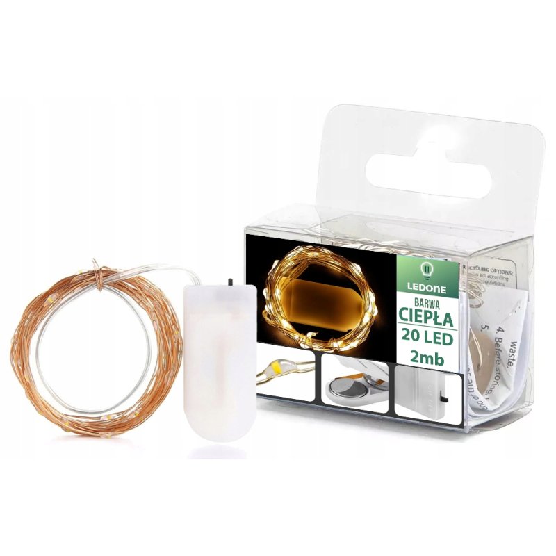 Lampki choinkowe CIEPŁE sznur DRUCIK 20 LED 2m białe ciepły baterię CR2032