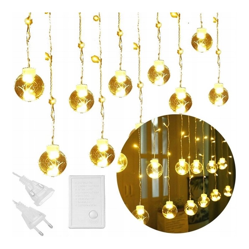 KURTYNA świetlna LAMPKI LED 3m białe CIEPŁE 230V duże kule bombki 12szt