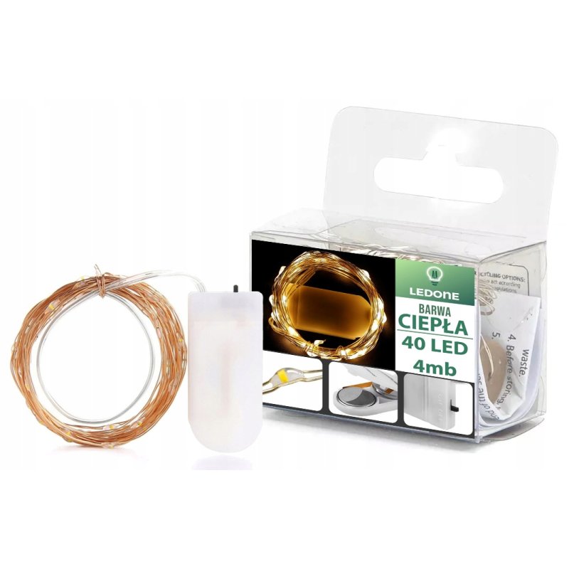 Lampki choinkowe CIEPŁE sznur DRUCIK 40 LED 4m białe ciepły baterię CR2032