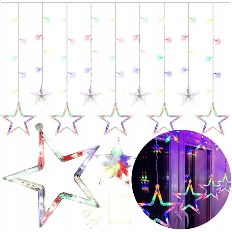 KURTYNA ŚWIETLNA lampki LED GWIAZDKI GIRLANDA sieciowa MULTIKOLOR 3M OKNO