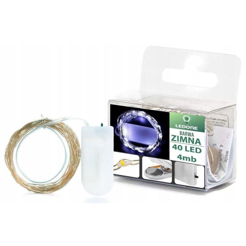 Lampki choinkowe ZIMNE sznur DRUCIK 40 LED 4m białe zimny na baterię CR2032