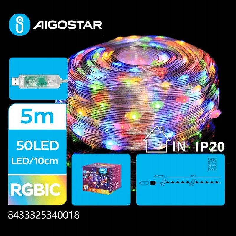 MAGICZNE LAMPKI CHOINKOWE TAŚMA LED RGB 1MLN KOLORÓW 50 LED 5m na USB DC5V