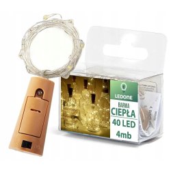 KOREK do butelki Lampki WW sznur DRUCIK 40 LED 4m CIEPŁE + baterie LR44