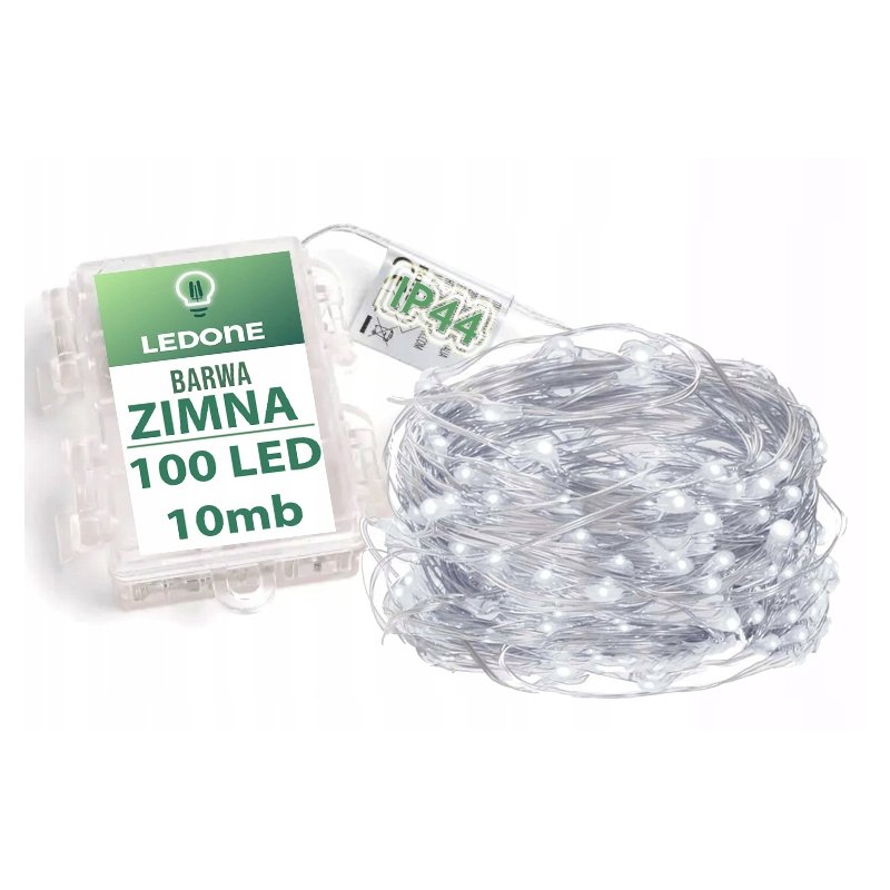 Lampki choinkowe IP44 ZIMNE sznur DRUCIK 100 LED 10m biały zimny na baterie