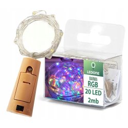 KOREK do butelki Lampki RGB sznur DRUCIK 20 LED 2m KOLOROWE + baterie LR44