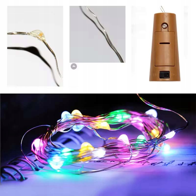 KOREK do butelki Lampki RGB sznur DRUCIK 20 LED 2m KOLOROWE + baterie LR44