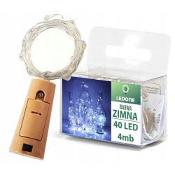 KOREK do butelki Lampki CW sznur DRUCIK 40 LED 4m ZIMNE + baterie LR44