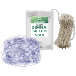 Lampki choinkowe ZIMNE sznur DRUCIK 50 LED 5m biały zimny na 2 baterie AA