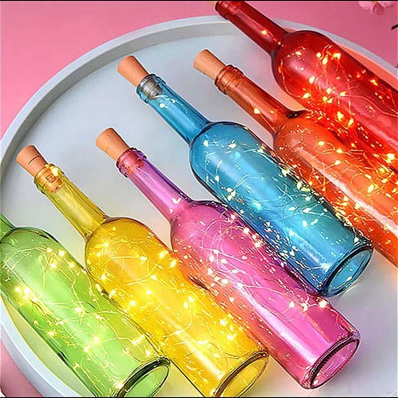 KOREK do butelki Lampki RGB sznur DRUCIK 20 LED 2m KOLOROWE + baterie LR44