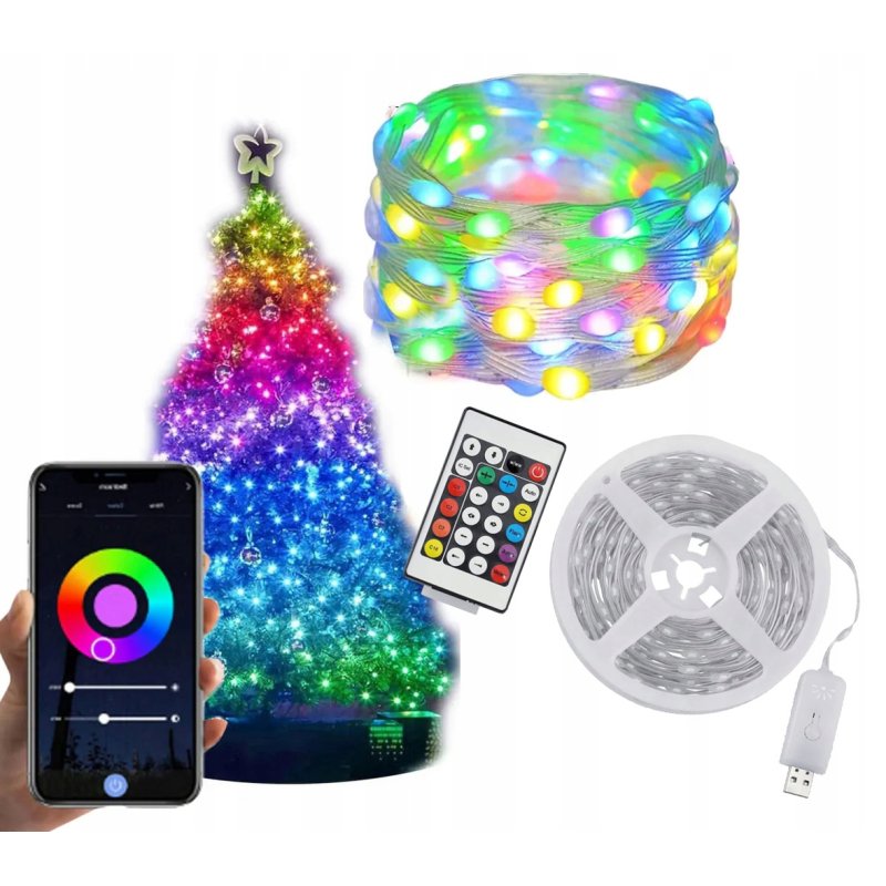 MAGICZNE LAMPKI CHOINKOWE TAŚMA LED RGB 1MLN KOLOR 50 LED 5m WiFi smart USB