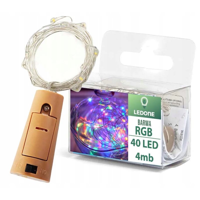 KOREK do butelki Lampki RGB sznur DRUCIK 40 LED 4m KOLOROWE +baterie LR44