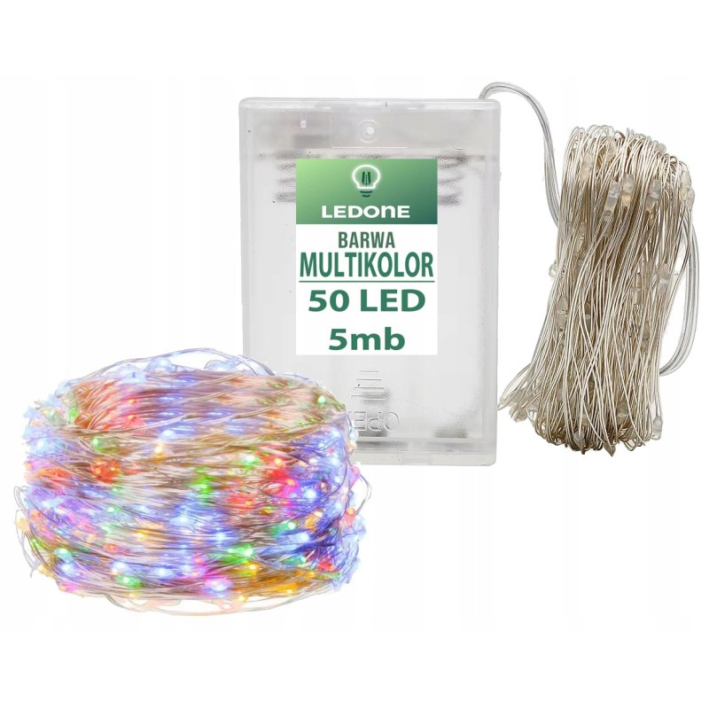 Lampki choinkowe KOLOROWE sznur DRUCIK 50 LED 5m MULTI na 2 baterie AA