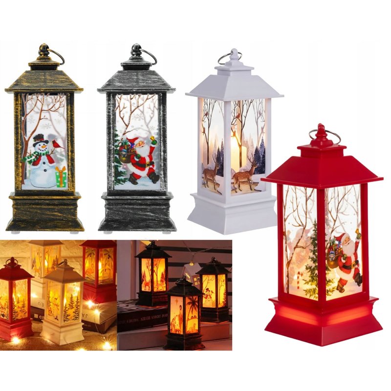 LAMPION ŚWIĄTECZNY z witrażem LED 14cm - DEKORACJA ozdoba latarenka płomień