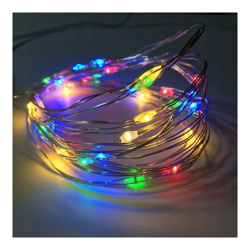 Lampki choinkowe KOLOROWE sznur DRUCIK 50 LED 5m MULTI na 2 baterie AA