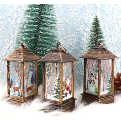 LAMPION ŚWIĄTECZNY z witrażem LED 14cm - DEKORACJA ozdoba latarenka płomień