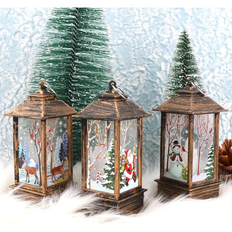 LAMPION ŚWIĄTECZNY z witrażem LED 14cm - DEKORACJA ozdoba latarenka płomień