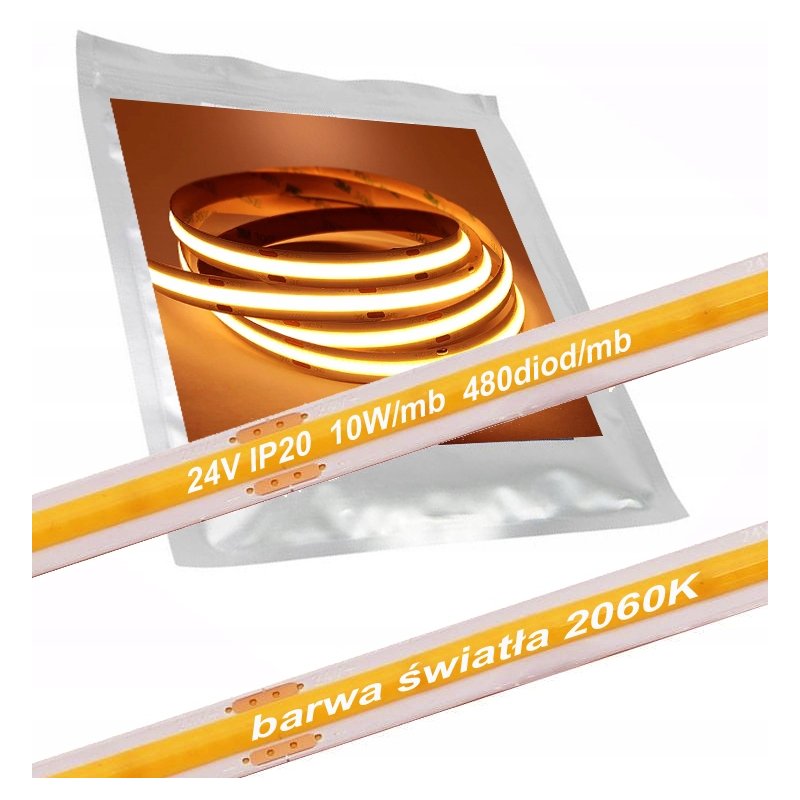 Taśma LED COB 24V 10W 480 d. linia neon barwa BIAŁA bardzo CIEPŁA 2060K 1mb