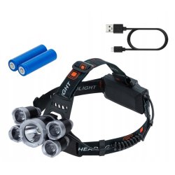 Latarka czołowa 5 LED T6 akumulatorowa warsztatowa