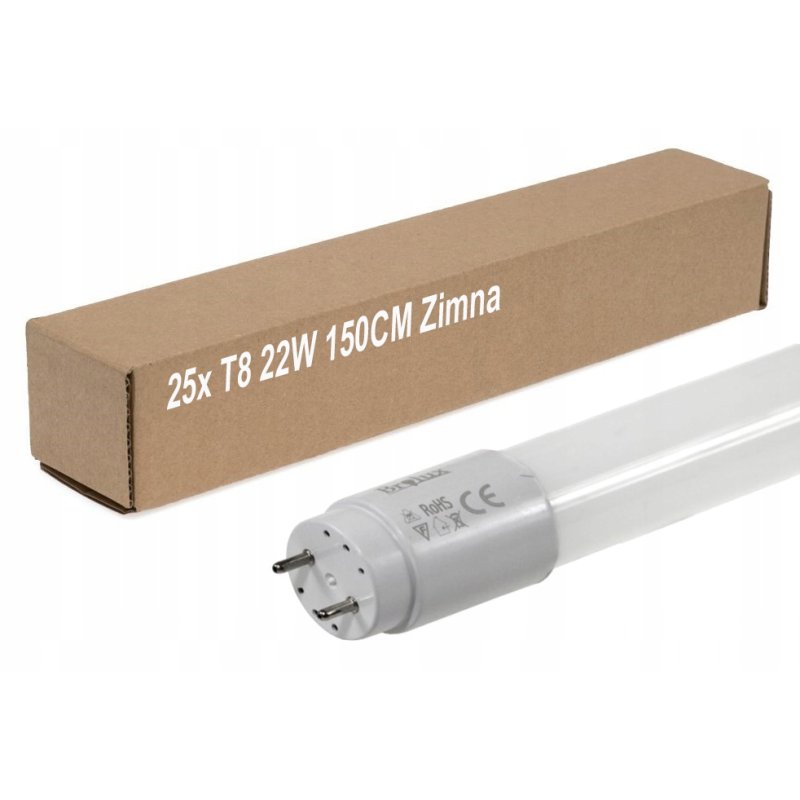 Zestaw 25szt ŚWIETLÓWKA tuba LED T8 22W 150cm 230V barwa biała ZIMNA