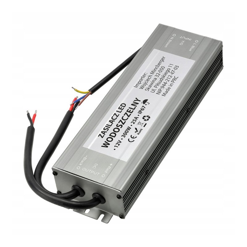 Zasilacz 12V 300W 25A wodoodporny do taśm LED COB IP67 hermetyczny metal