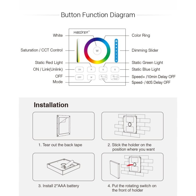 Pilot Panel naścienny Milight B0 do led RGB CCT RGBW 1strefa na baterię AAA