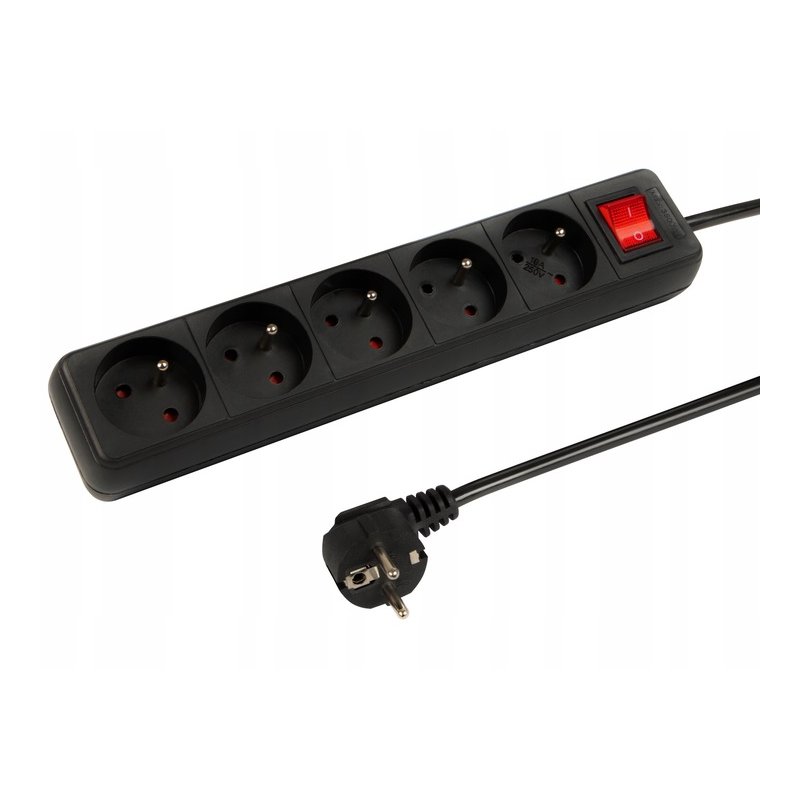Przedłużacz sieciowy listwa zasilająca 5 gniazd 230V z włącznikiem 5m black