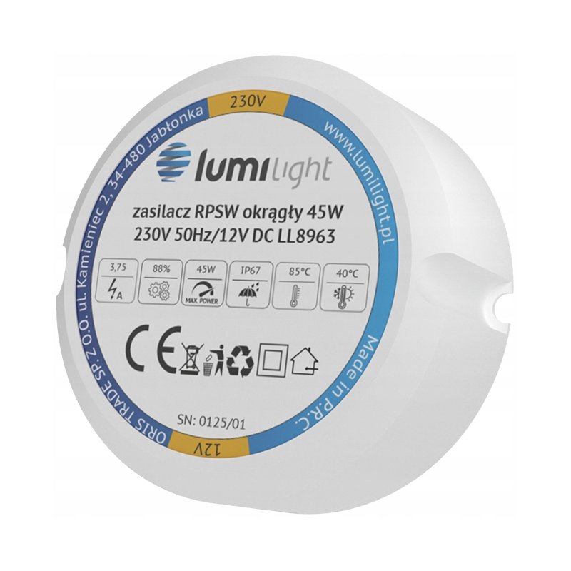 Zasilacz montażowy PREMIUM fi60 do puszki 12V 3,75A 45W LED IP67 dopuszkowy