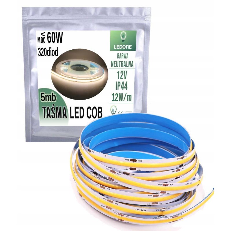TAŚMA LED COB 12V 12w/m ip44 NEON NEUTRAL 5m LINIA
